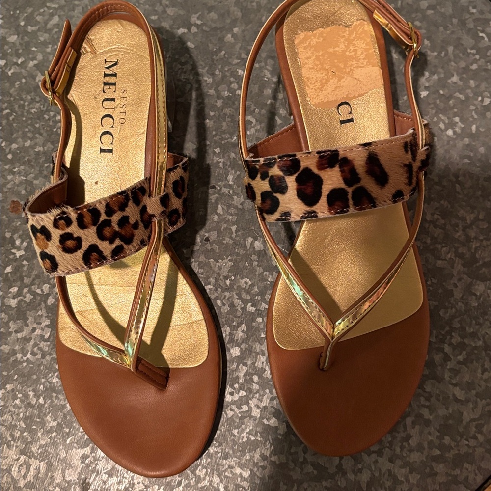 Meucci Leopard Print Sandals with Gold Accents